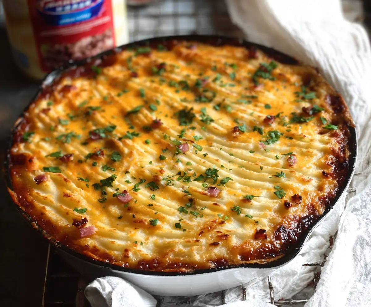 Delicious Ham Shepherd's Pie with mashed potato topping and savory ham filling.