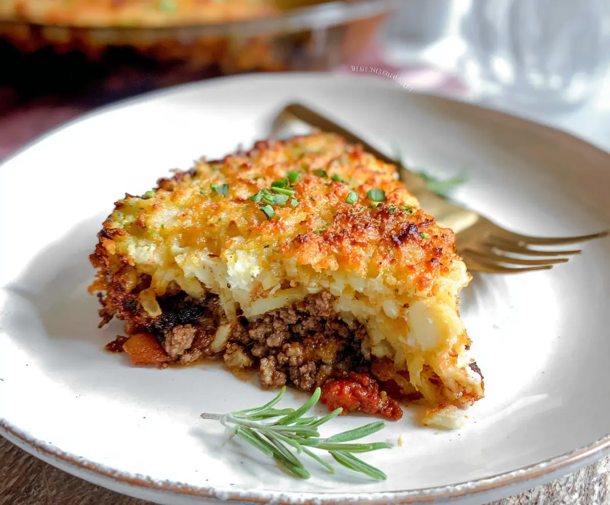 Delicious Hash Brown Shepherd's Pie topped with crispy golden hash browns and seasoned meat filling.