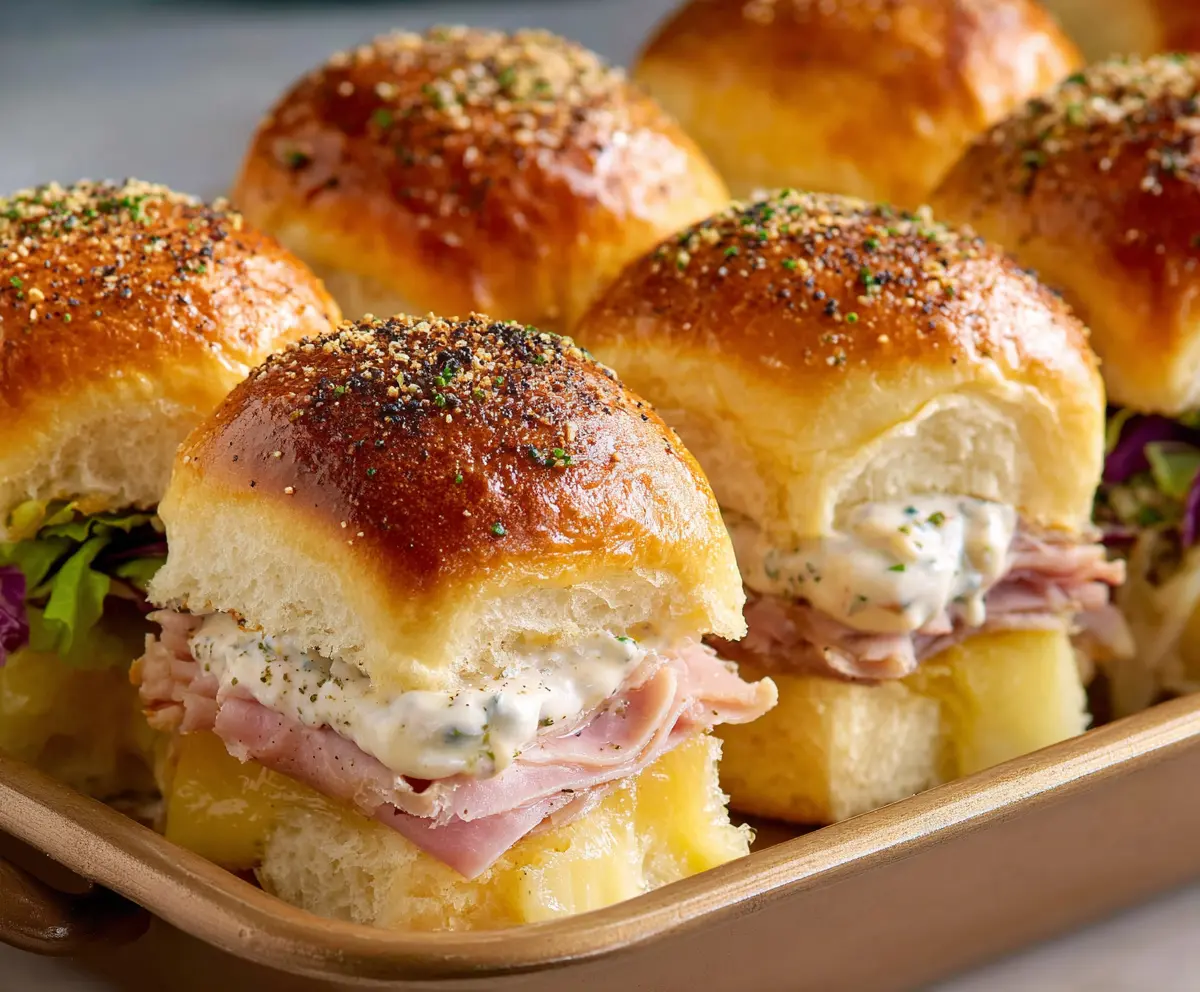 Delicious Hawaiian Roll Sliders filled with savory ingredients on a wooden platter.