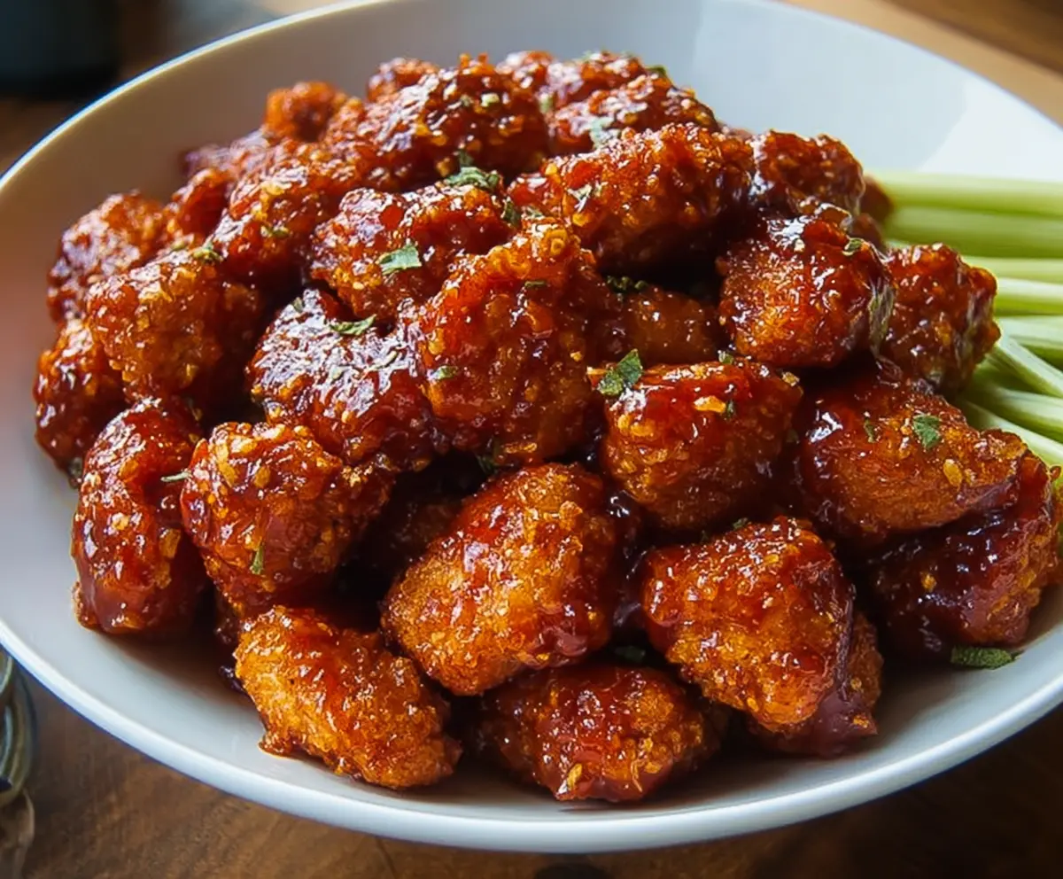Delicious honey BBQ popcorn chicken served on a plate with garnishes