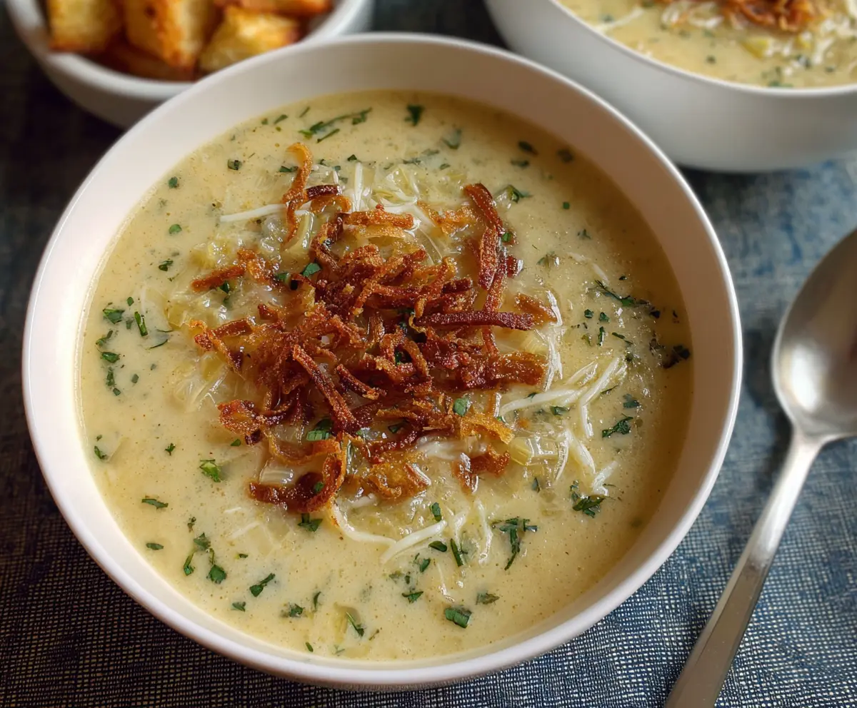 Creamy Ina Garten roasted potato and leek soup served in a rustic bowl.
