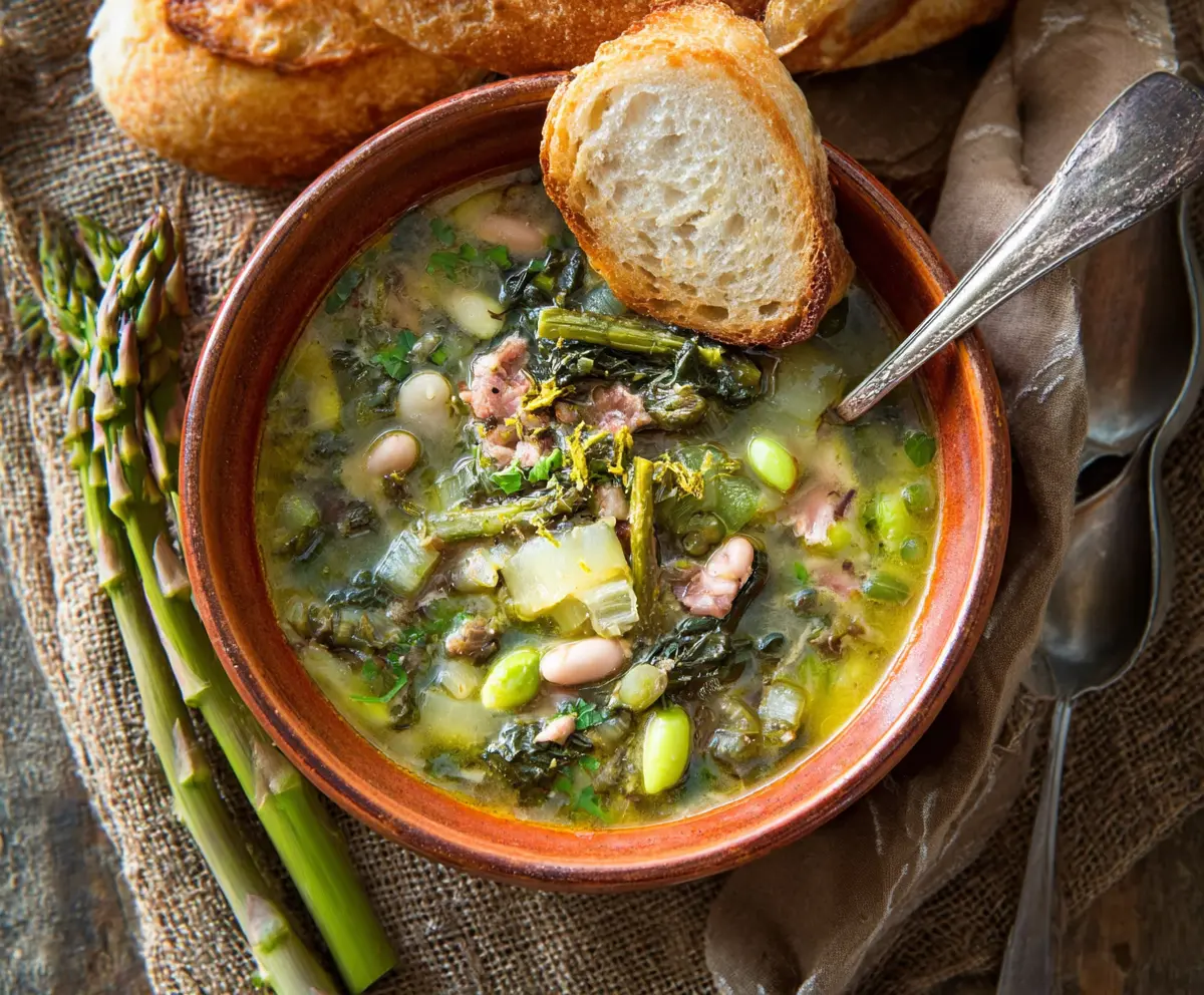 Vibrant Italian Spring Soup from Tuscany with fresh vegetables and herbs in a rustic bowl.