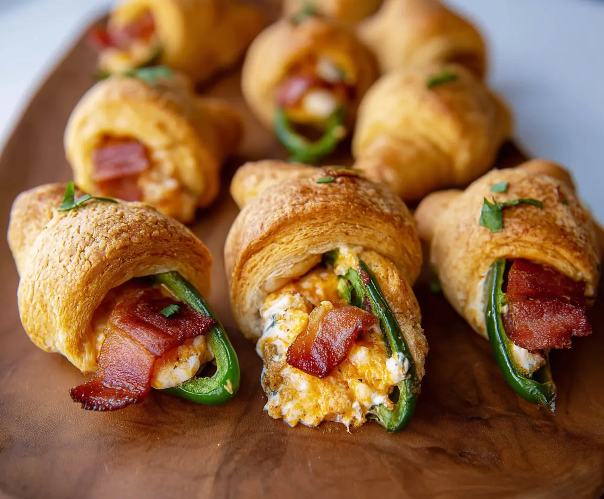 Delicious jalapeño popper pigs in a blanket garnished with fresh herbs on a white plate