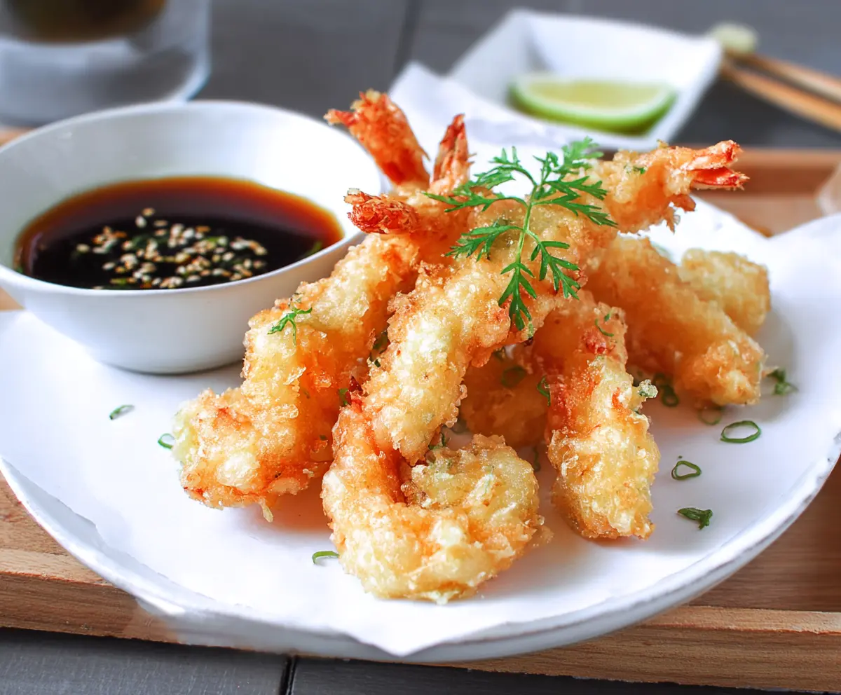 Crispy Japanese shrimp tempura served with dipping sauce on a plate
