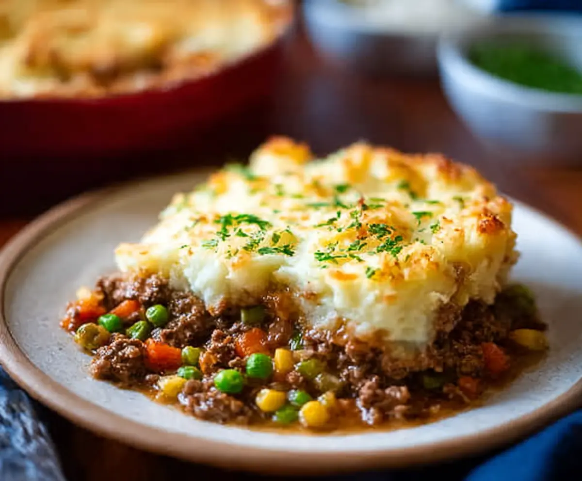Delicious Lamb Shepherd's Pie topped with golden mashed potatoes and fresh herbs.