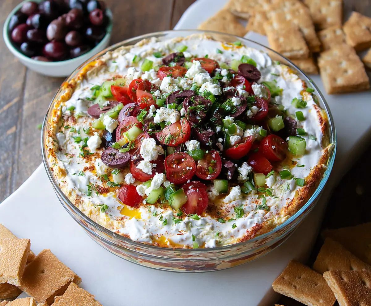 Delicious layered Greek dip with creamy hummus, fresh vegetables, and herbs on a white plate.