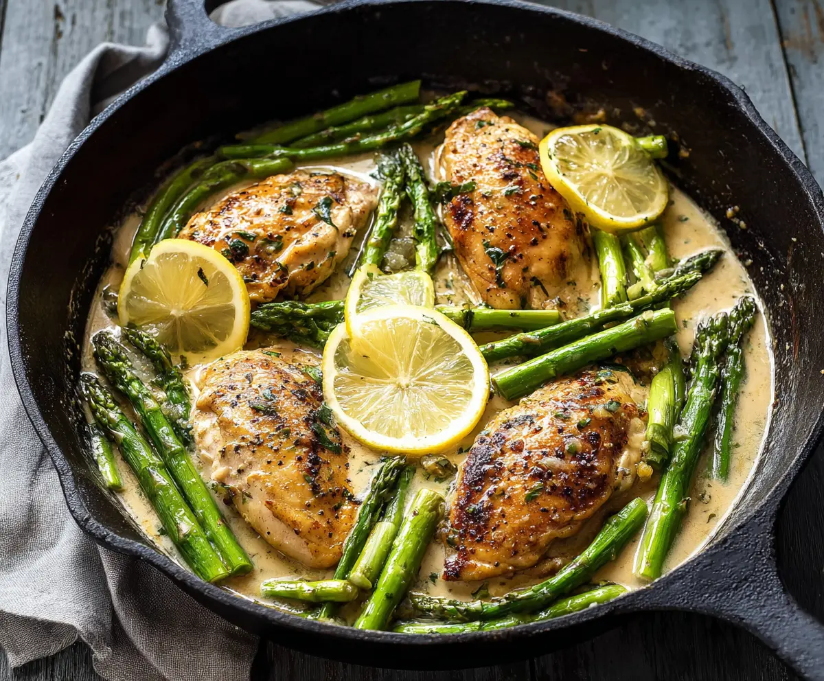 Juicy Lemon Butter Garlic Chicken served with fresh asparagus on a white plate.