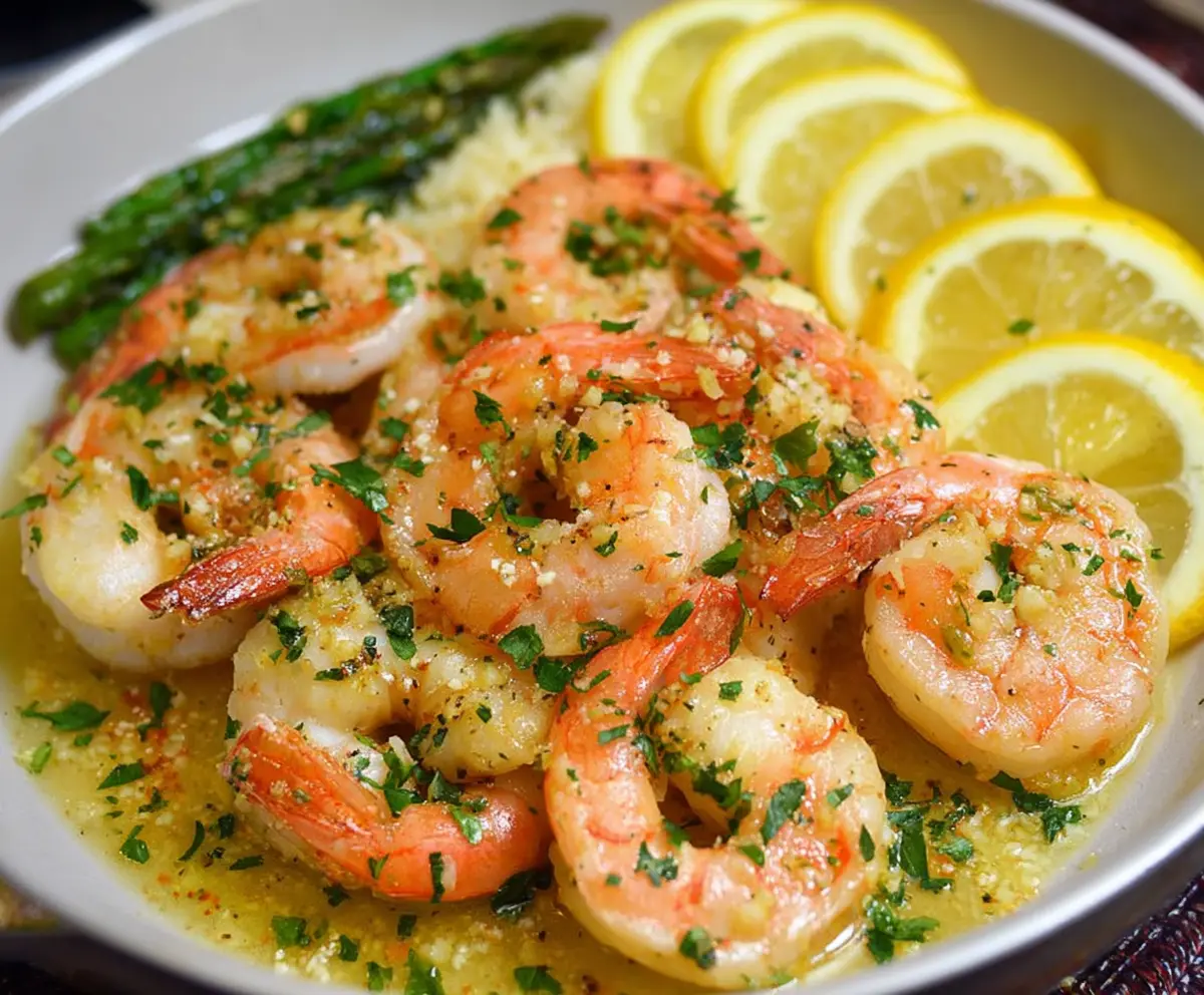 Delicious lemon butter garlic shrimp served on a plate, garnished with fresh herbs.