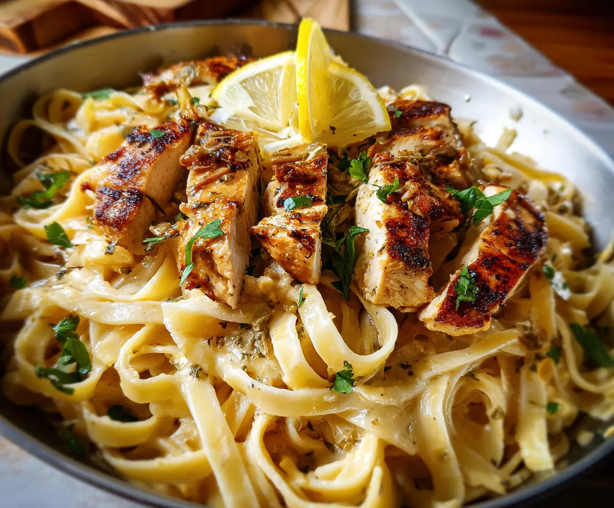 Delicious Lemon Chicken Pasta garnished with fresh herbs on a white plate.