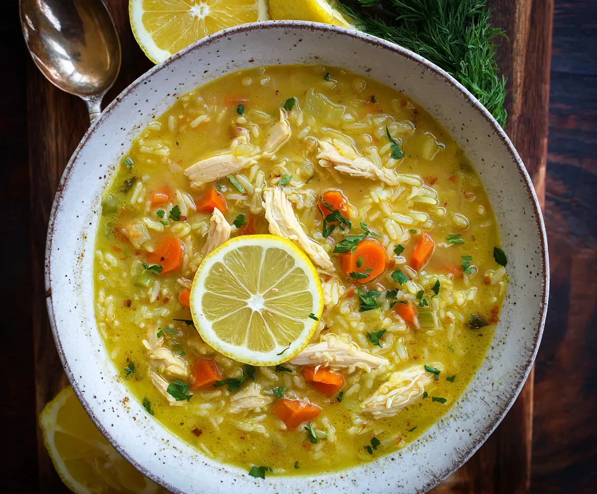Warm Lemon Ginger Turmeric Chicken and Rice Soup served in a bowl, highlighting fresh herbs and vibrant ingredients.
