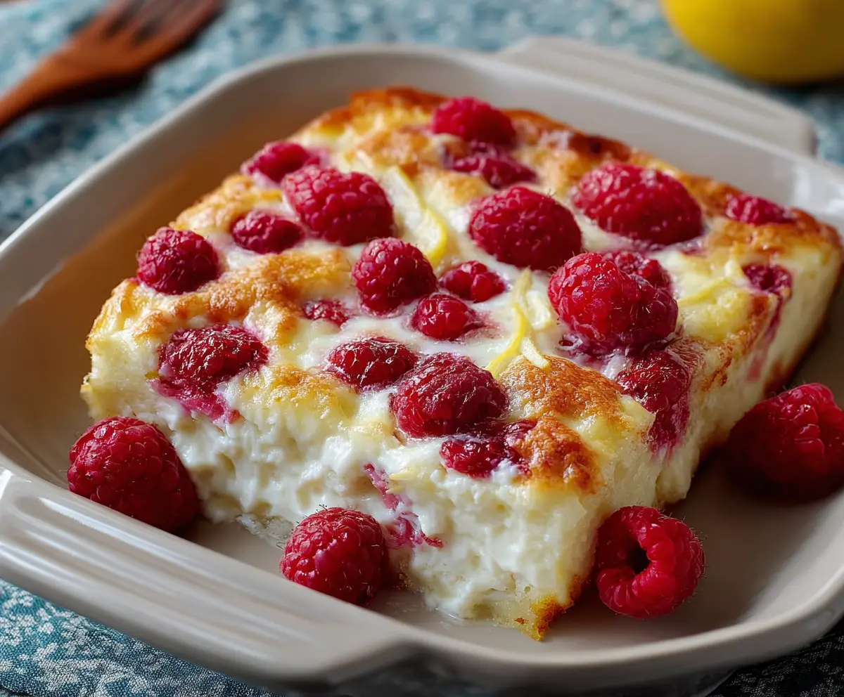 Delicious Lemon Raspberry Cottage Cheese Bake served on a plate, highlighting its fresh berries and zesty lemon flavor.