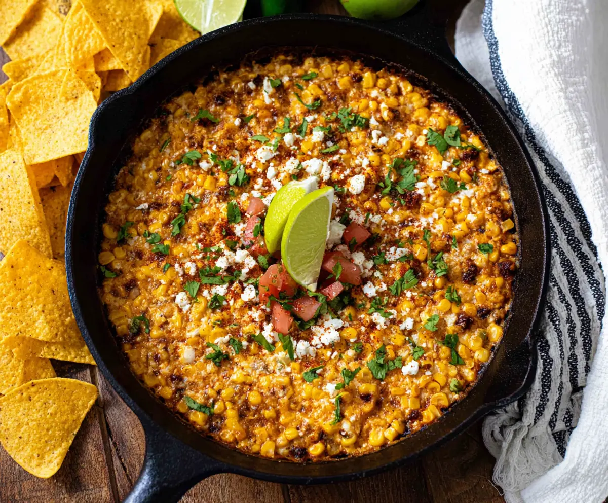 Creamy Mexican Street Corn Skillet Dip topped with cheese and cilantro, perfect for party snacks.