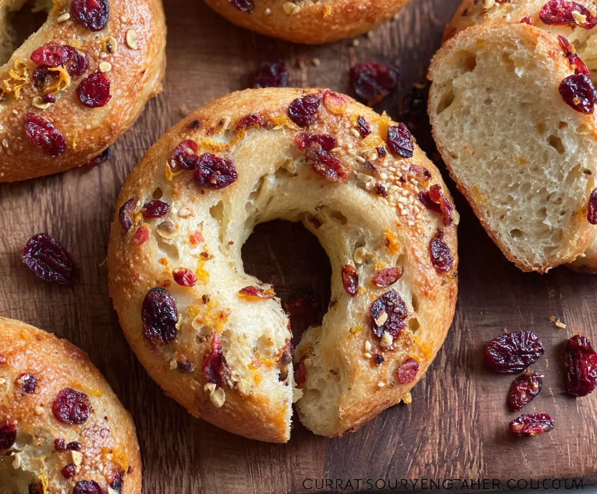 Fresh mini cranberry orange bagels on a wooden board, showcasing their golden crust and vibrant cranberry and orange zest topping.