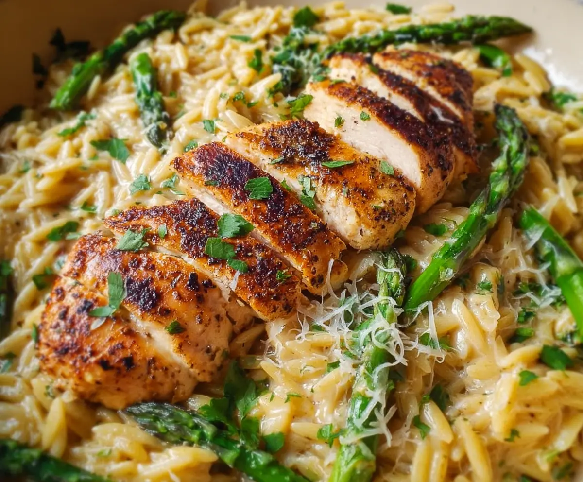 Delicious Parmesan orzo with tender chicken and fresh asparagus on a plate.