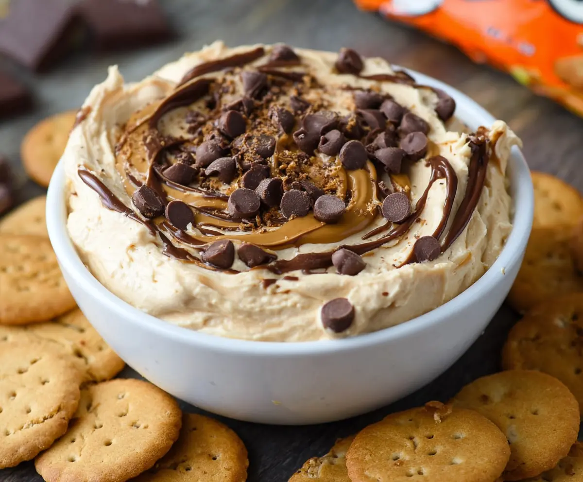 Creamy peanut butter cheesecake dip served with fresh fruits and cookies for a delicious snack.