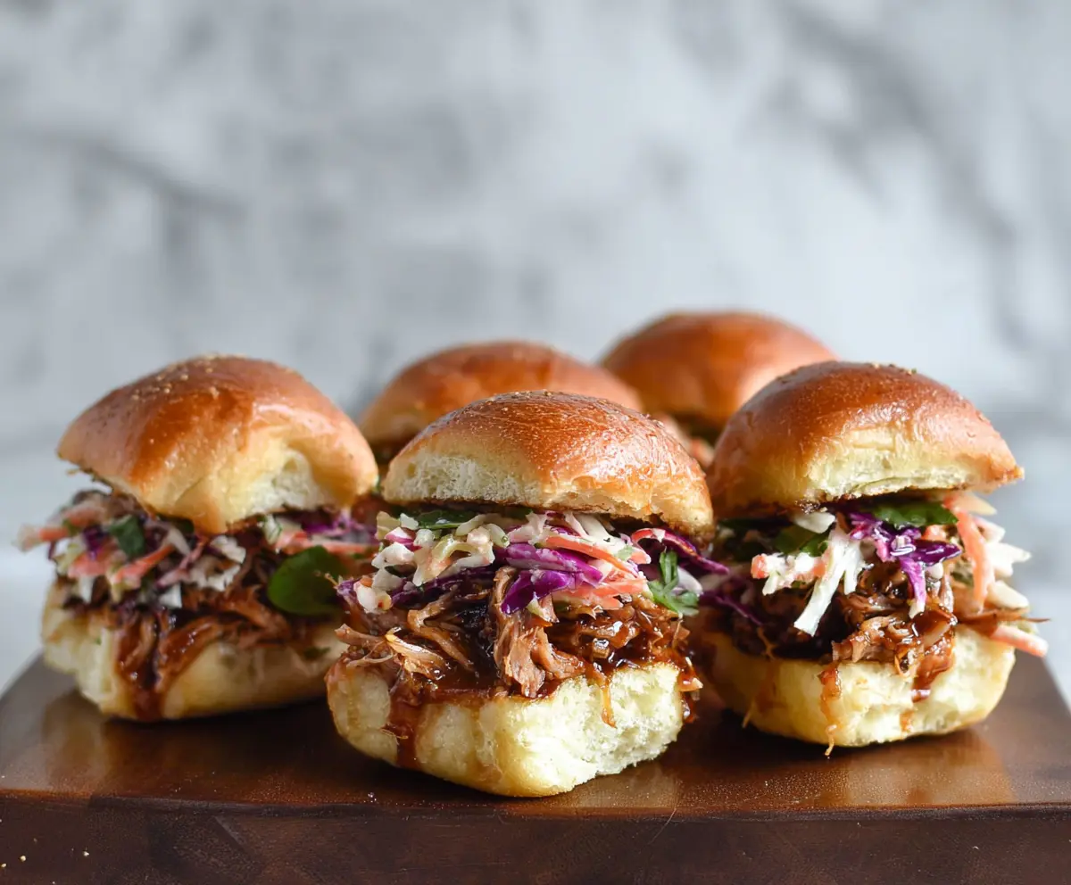 Delicious pulled pork sliders topped with fresh coleslaw served on soft buns