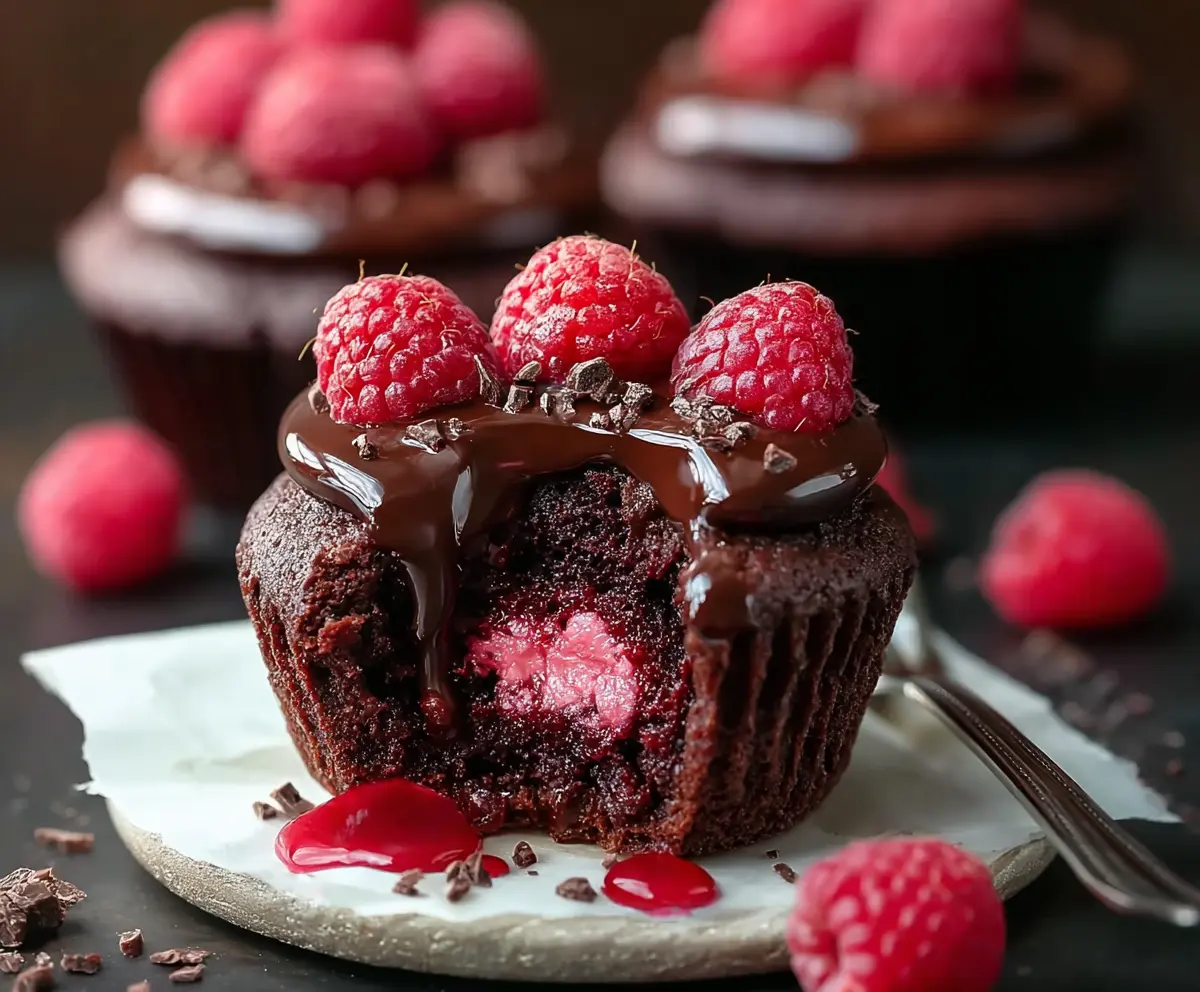 Delicious Raspberry Chocolate Lava Cupcakes with molten centers and fresh raspberries on top.