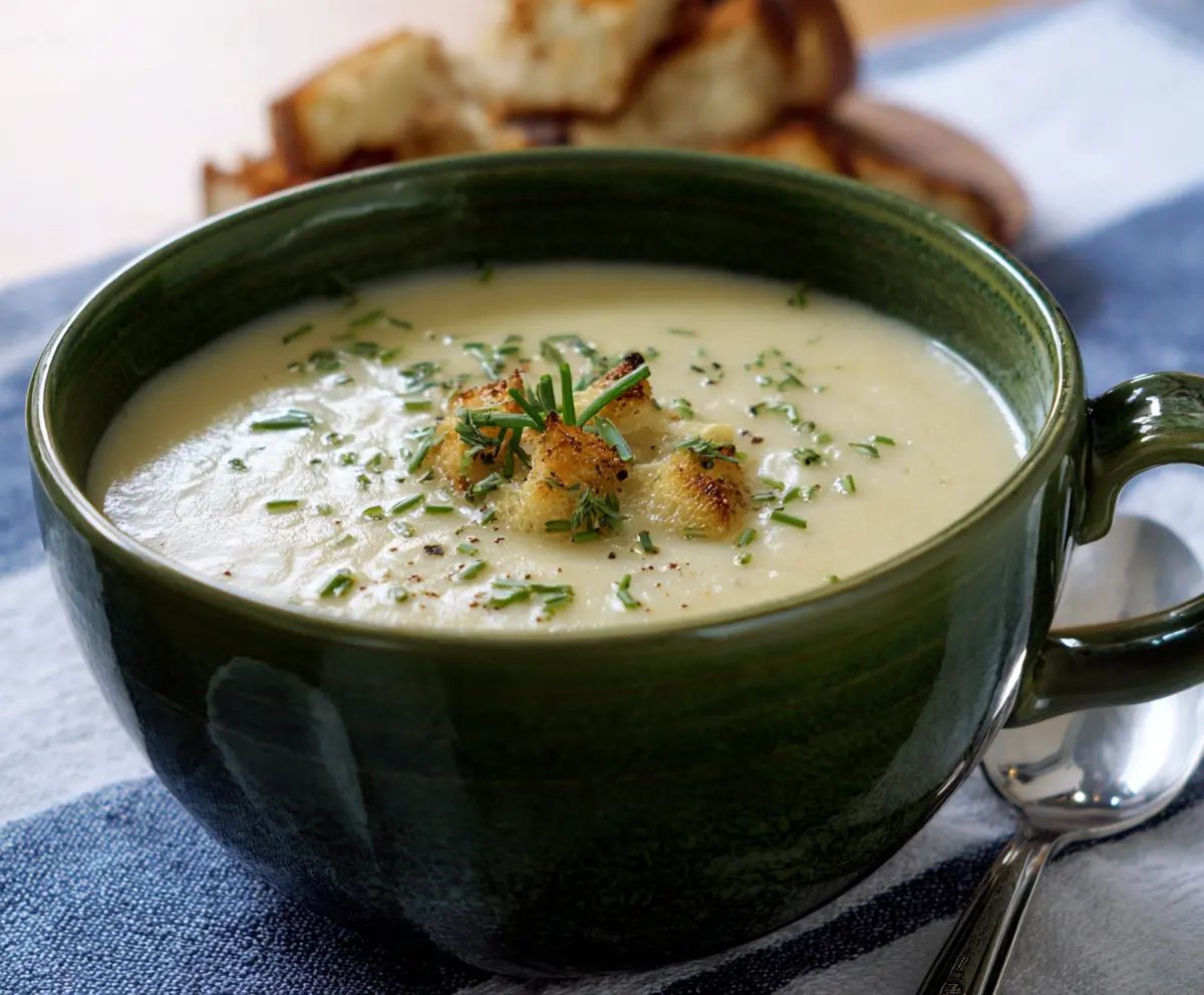 Creamy roasted garlic and leek potato soup served in a bowl, garnished with fresh herbs.