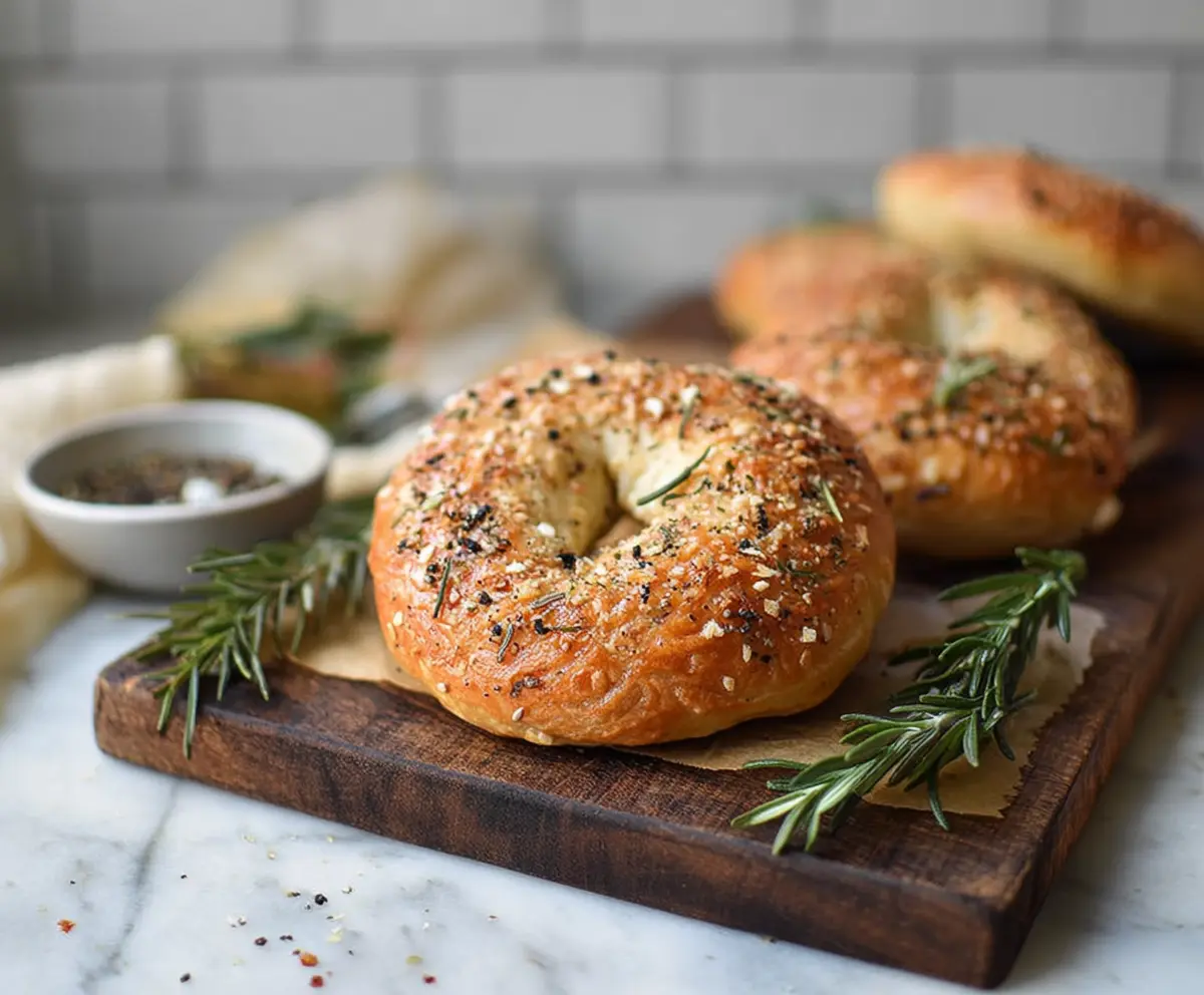 Freshly baked rosemary bagels with a golden crust on a wooden board