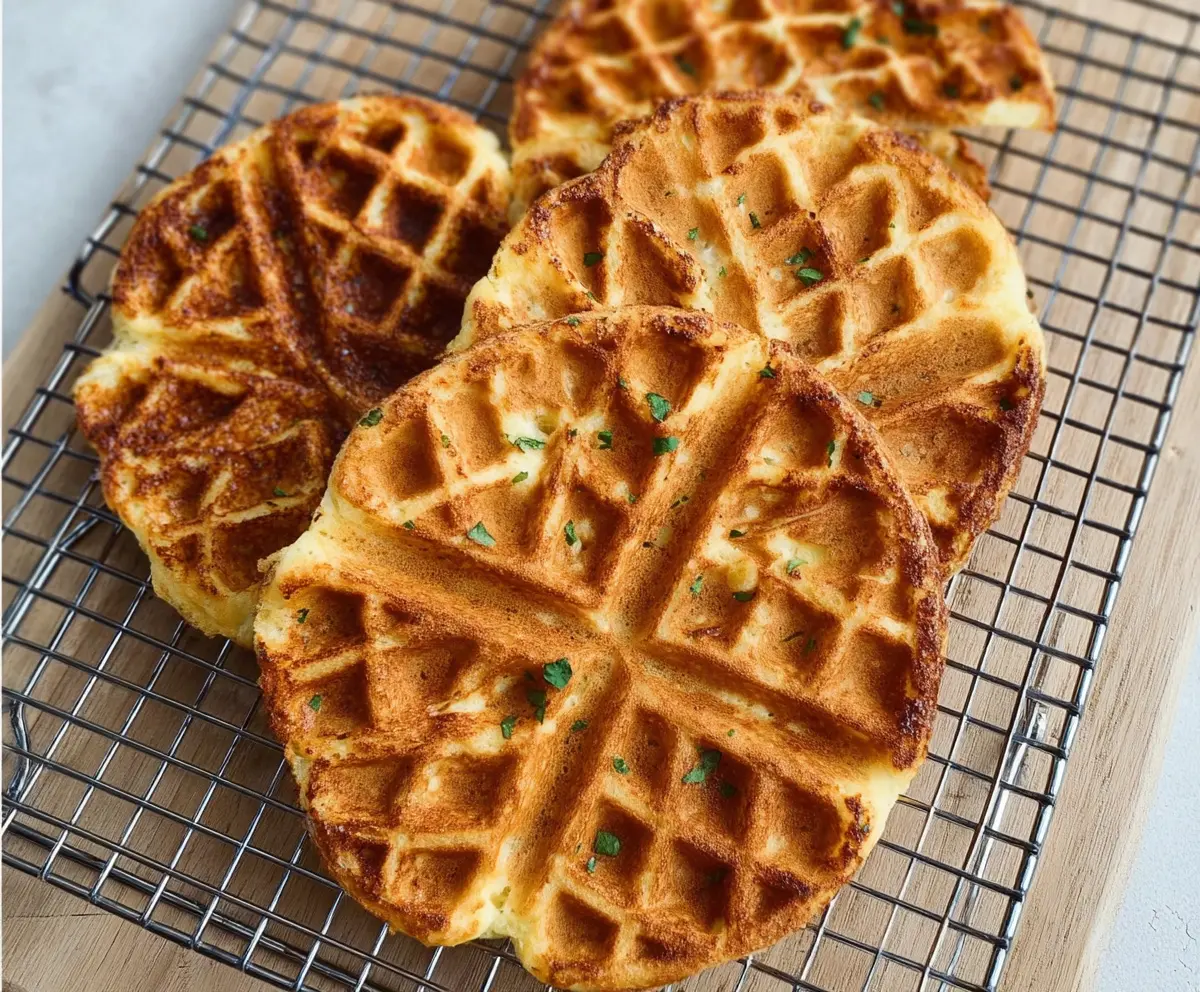 Delicious savory sourdough cheese waffles served hot on a plate, perfect for breakfast or brunch.