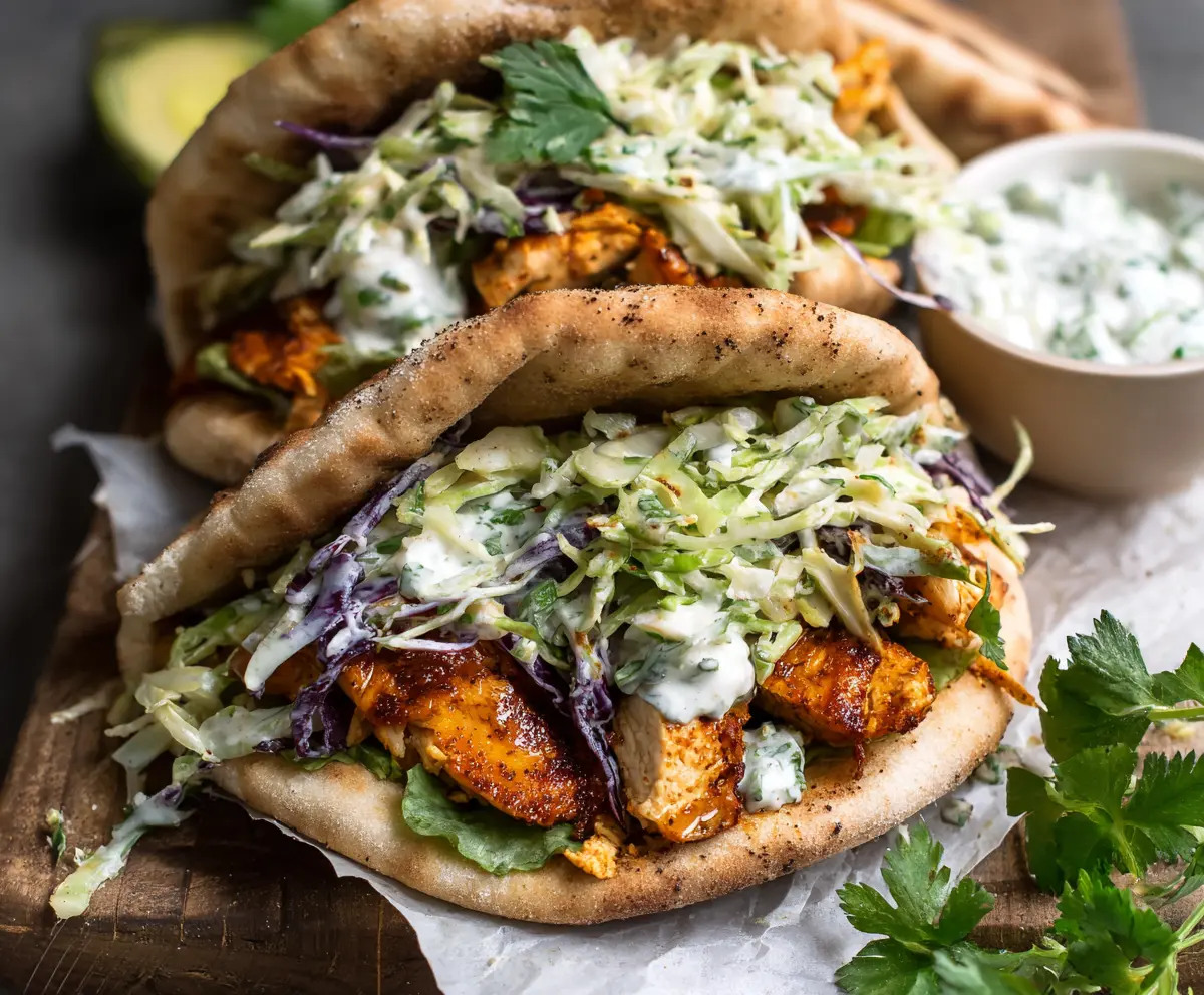 Delicious sheet pan chicken pitas filled with fresh herb ranch slaw on a vibrant plate.