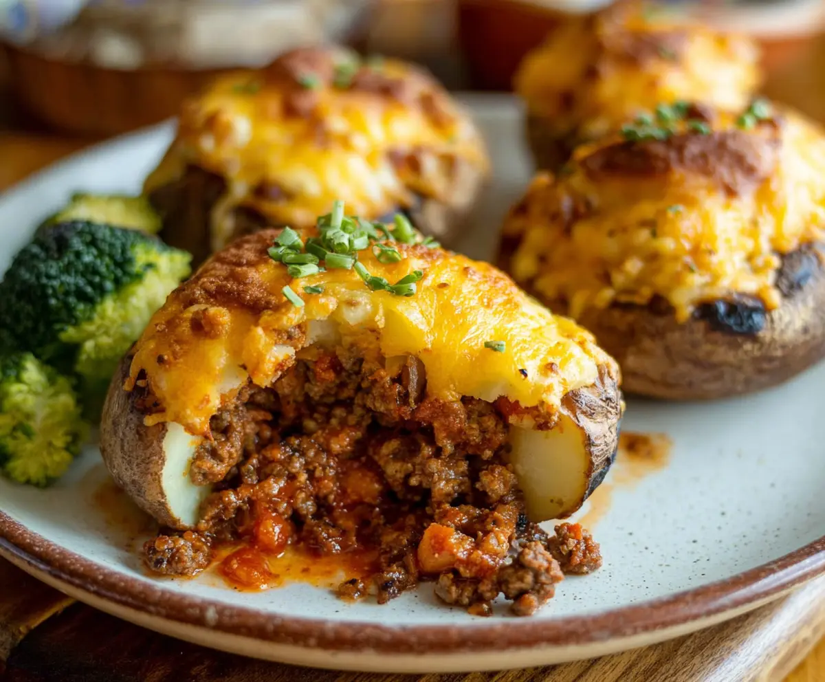 Delicious Shepherd's Pie Baked Potatoes topped with melted cheese and fresh herbs.