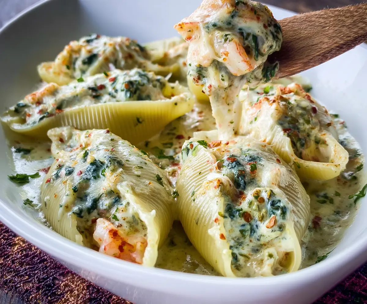 Delicious shrimp and spinach stuffed shells arranged on a plate, garnished with herbs.
