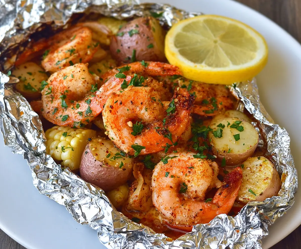 Delicious shrimp foil packet cooking in the oven, perfect for a quick seafood meal.