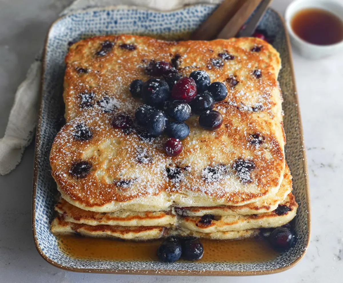 Delicious sourdough discard sheet pan pancakes served on a white plate for breakfast.