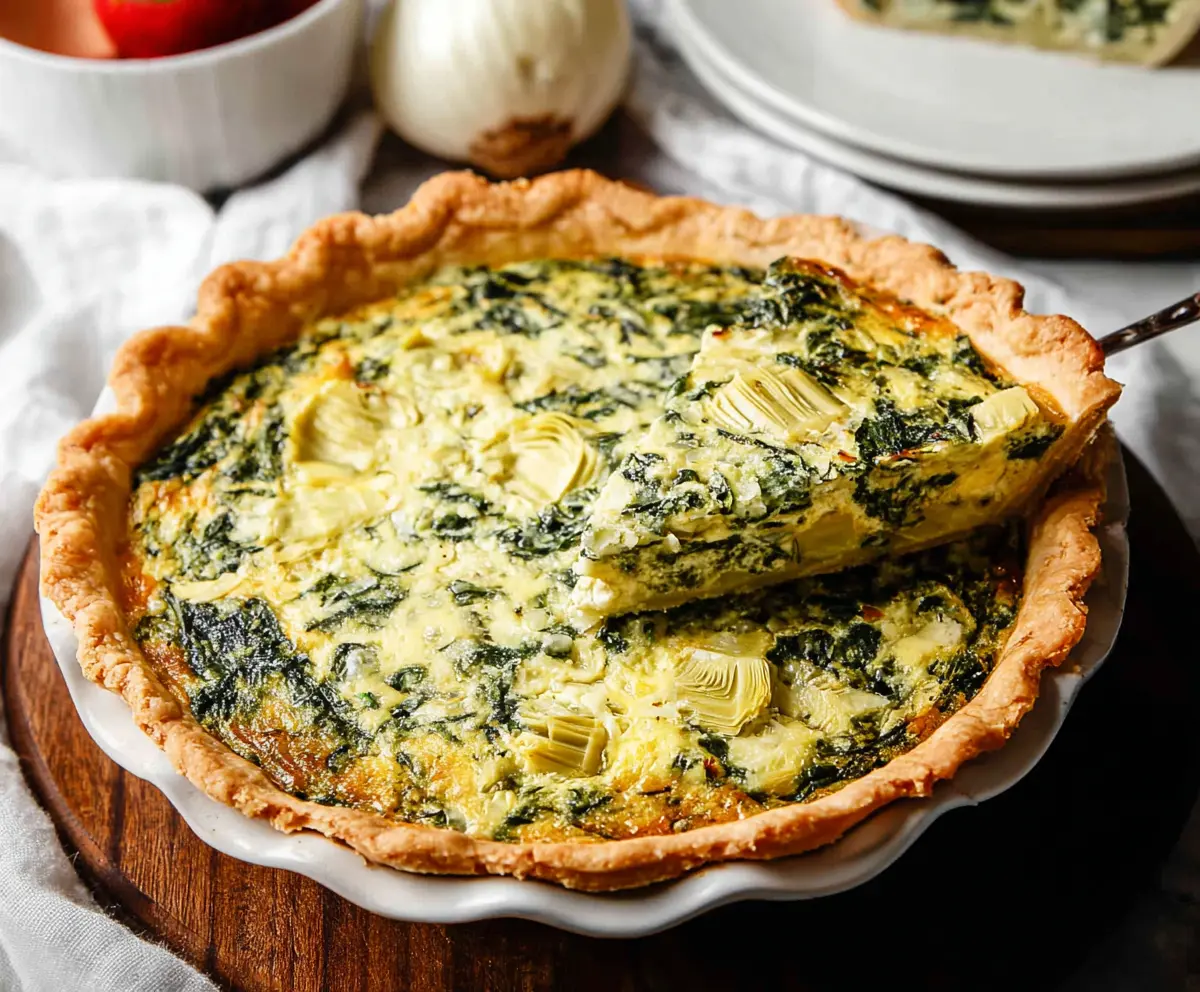 Delicious spinach and artichoke quiche with a golden crust on a rustic plate