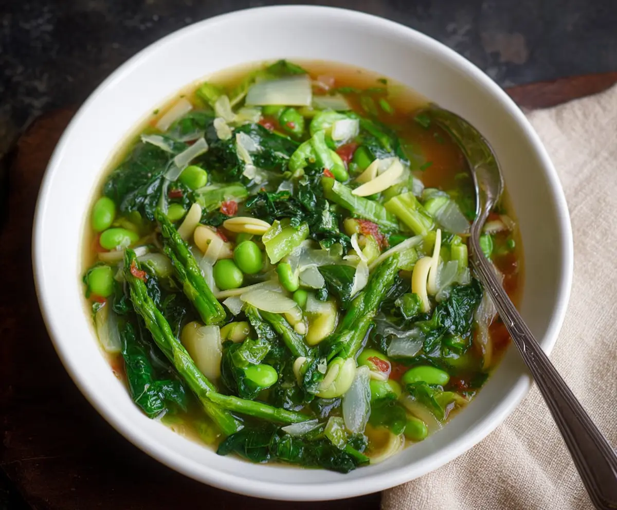 A bowl of fresh Spring Green Minestrone Soup with vibrant vegetables and herbs.
