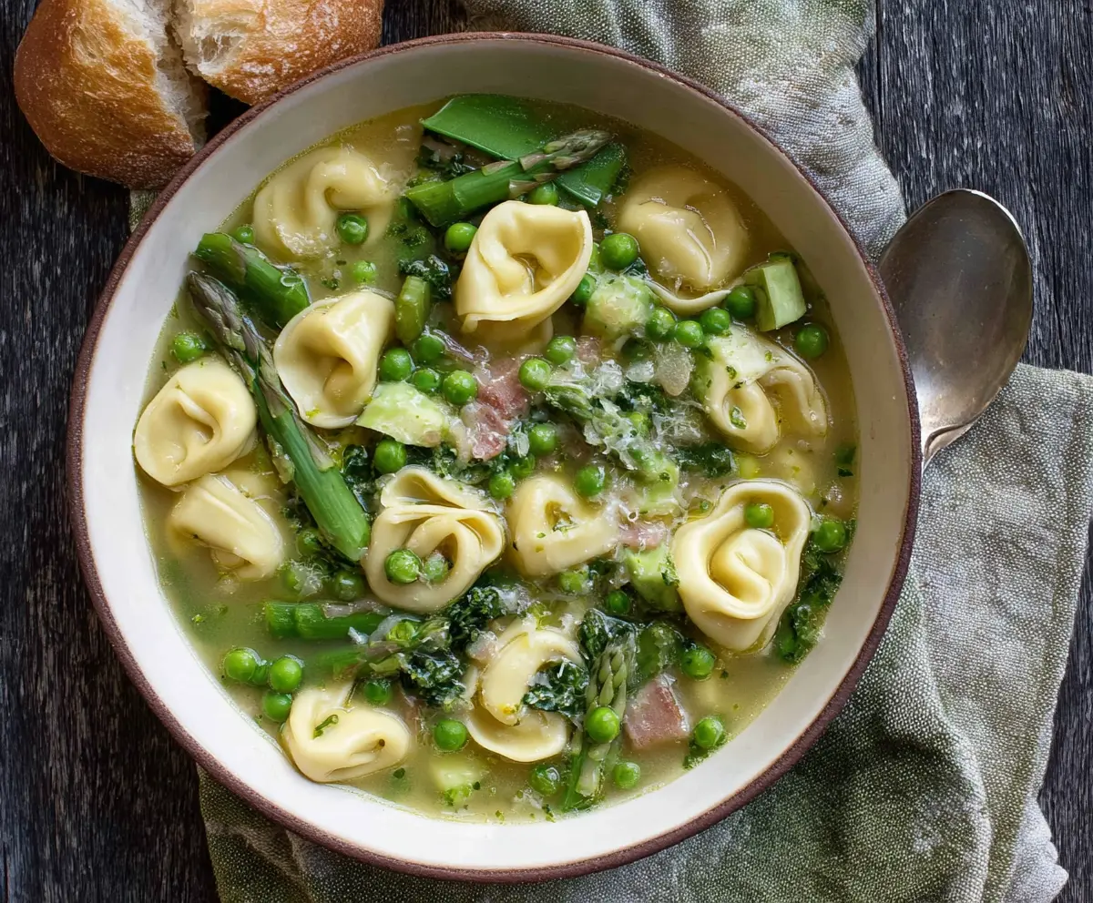 Delicious spring tortellini soup with fresh peas and asparagus in a bowl.