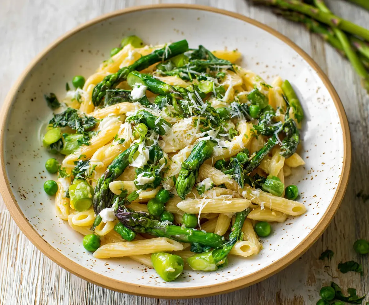 Colorful spring vegetable pasta dish with fresh asparagus, peas, and cherry tomatoes.
