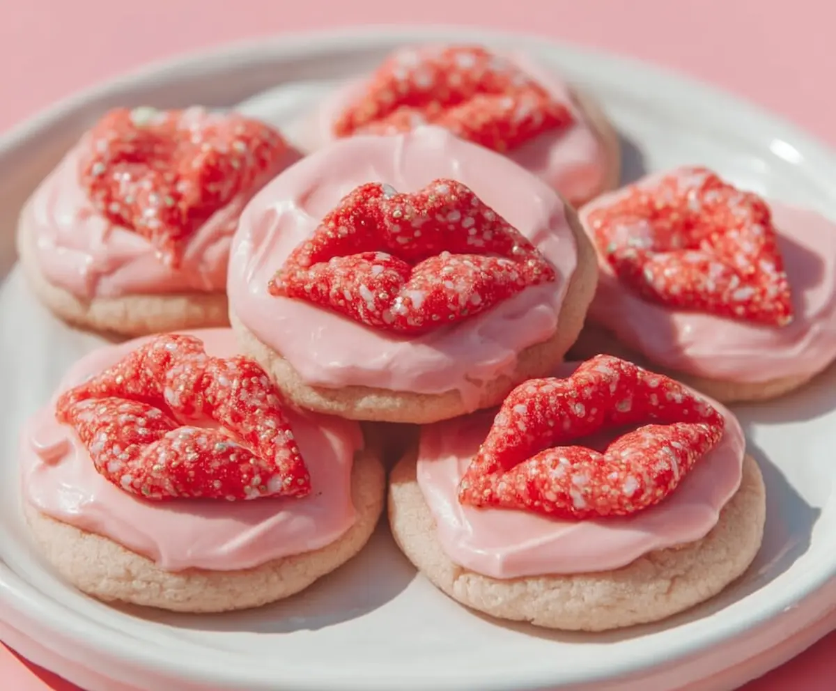 Delicious Strawberry Kiss Cookies garnished with fresh strawberries and a sweet glaze.
