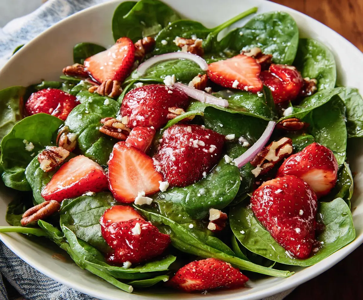 Fresh strawberry spinach salad in a bowl with feta cheese and balsamic glaze.