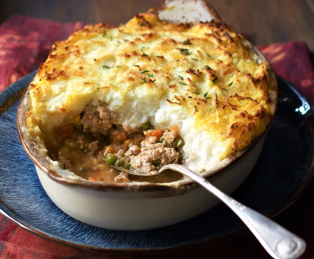 Homemade Turkey Shepherd's Pie with mashed potato topping and savory turkey filling