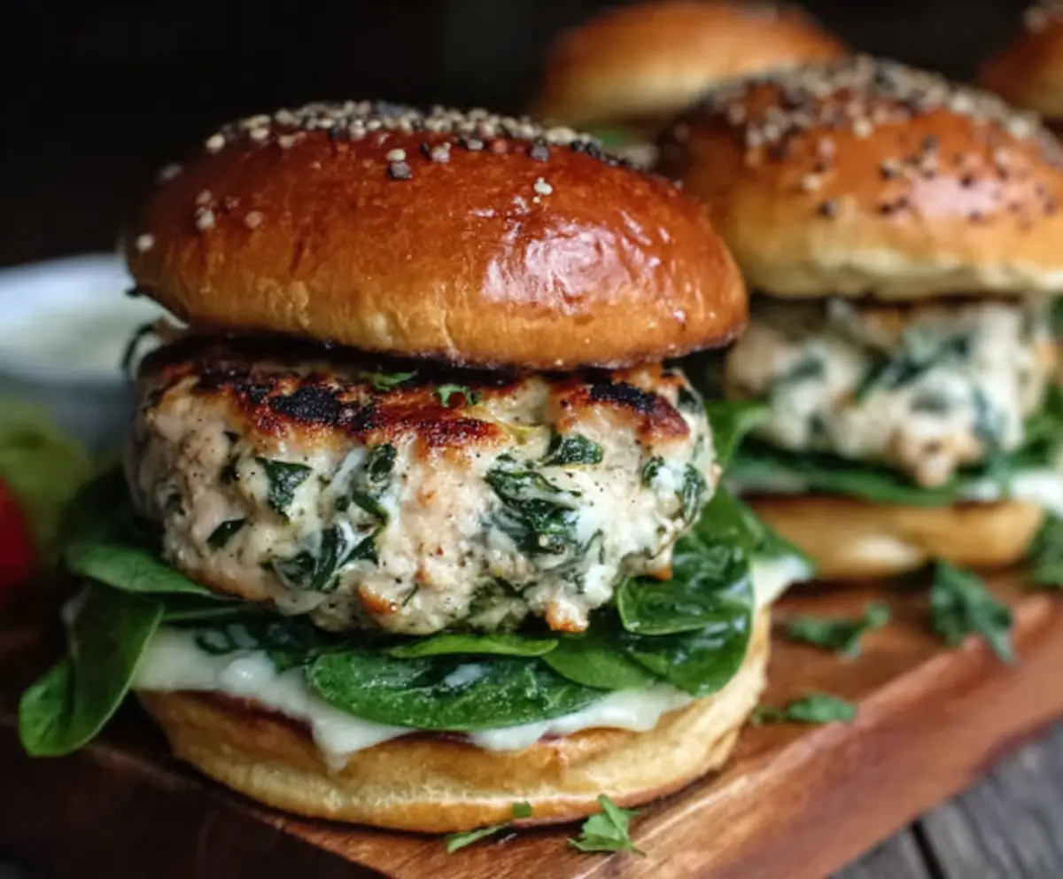 Juicy white cheddar spinach chicken burger topped with fresh greens on a toasted bun.