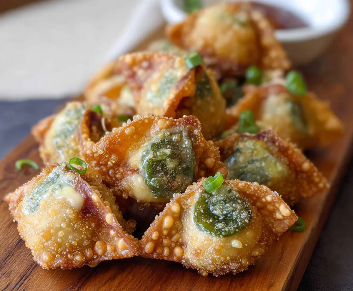 Crispy wonton jalapeño poppers filled with cream cheese and spices, ready to serve as a spicy appetizer.