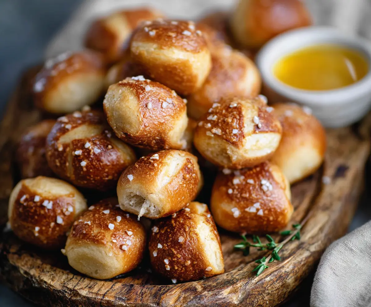 Homemade yeast-free sourdough discard pretzel bites served on a rustic plate.