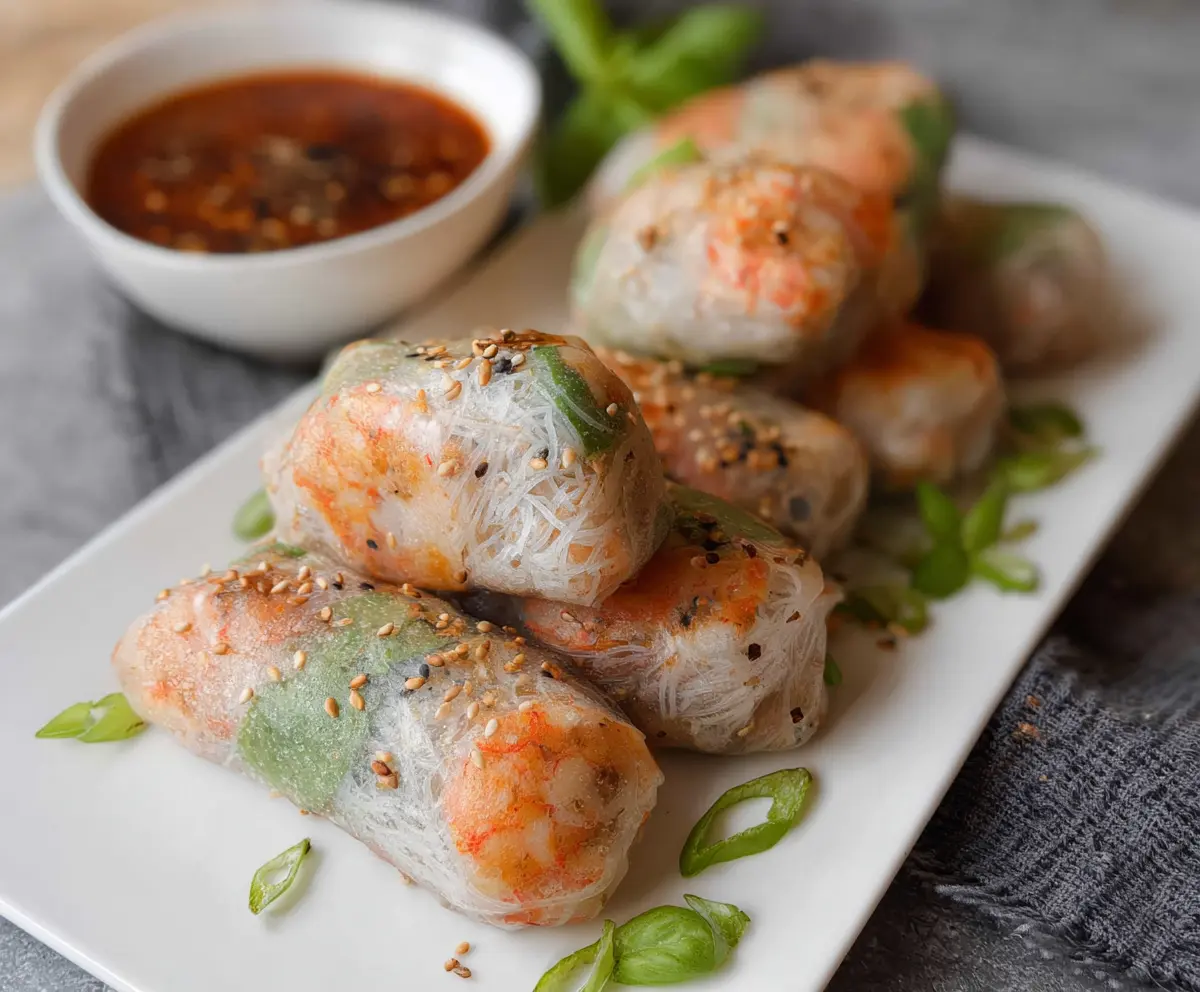 Delicious air fryer shrimp rice paper rolls with fresh vegetables and dipping sauce.