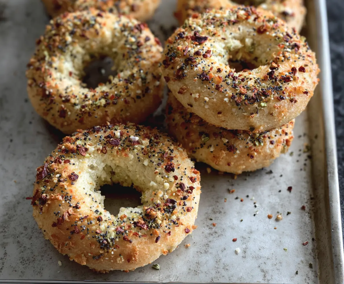 Delicious homemade almond flour Greek yogurt bagels on a baking tray.