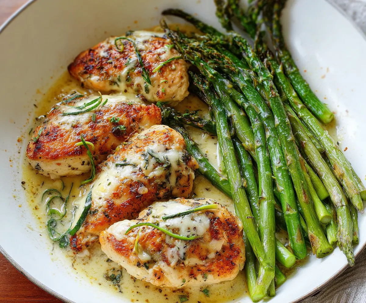 Delicious baked chicken served with fresh roasted asparagus on a plate.