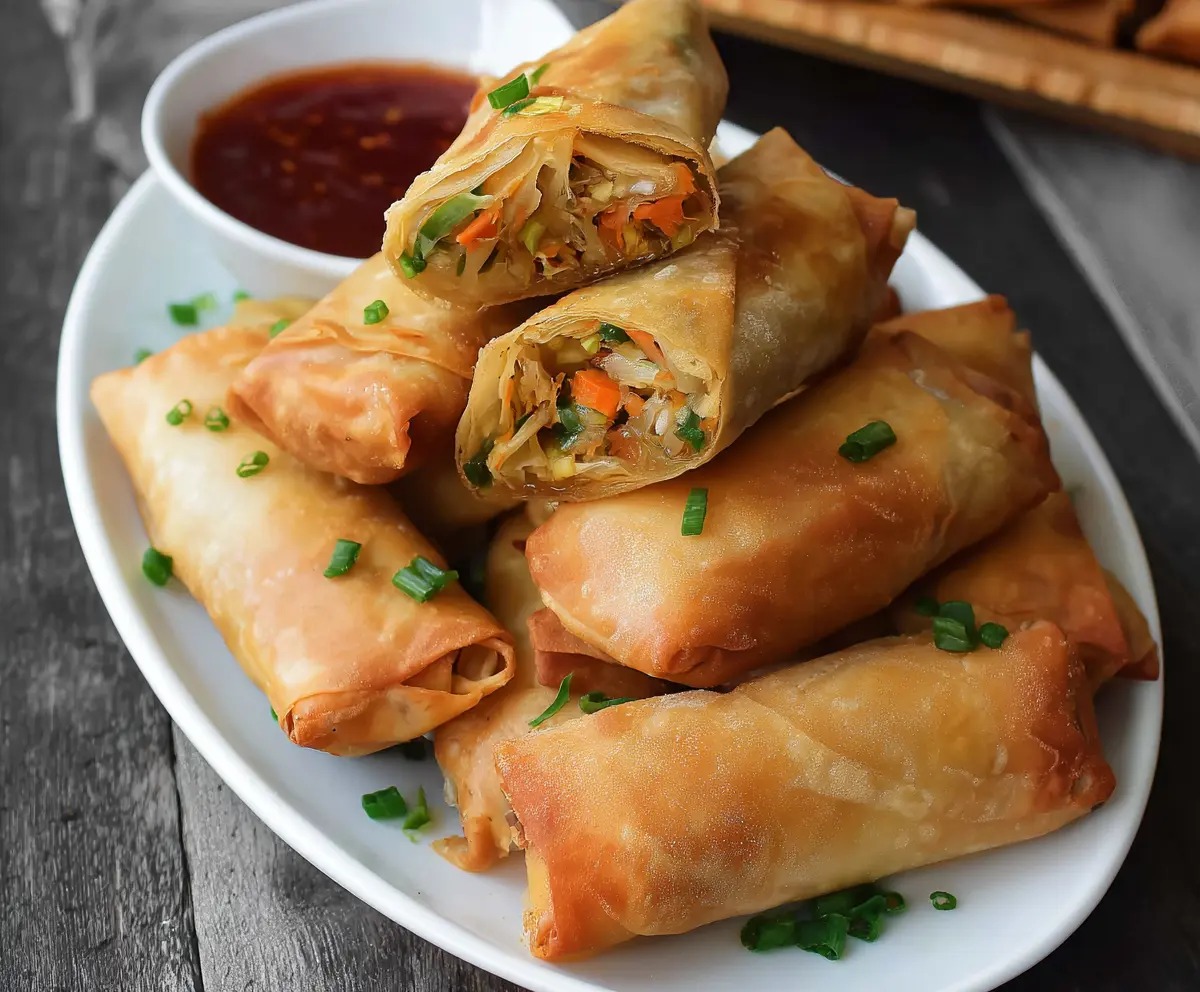 Crispy baked Chinese vegetable spring rolls on a plate with dipping sauce, perfect for healthy snacking.
