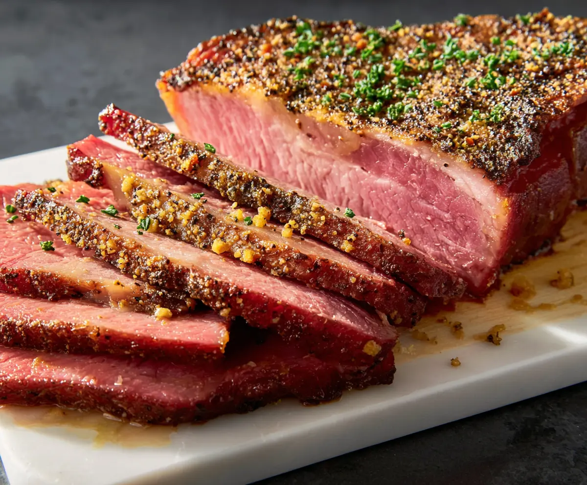 Delicious baked corned beef brisket served with vegetables and potatoes