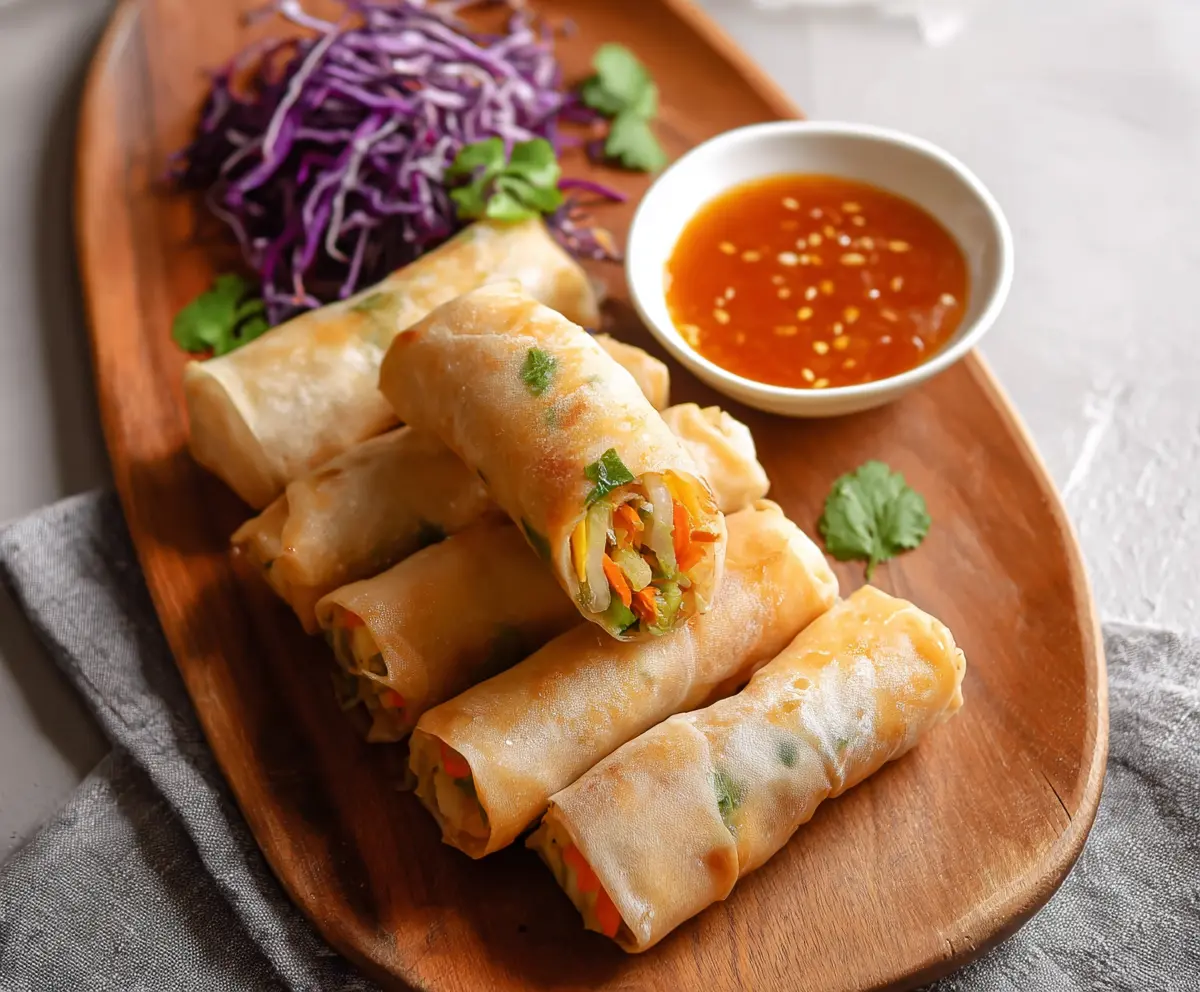 Fresh Bang Bang Vegetable Spring Rolls filled with colorful veggies and served with dipping sauce.
