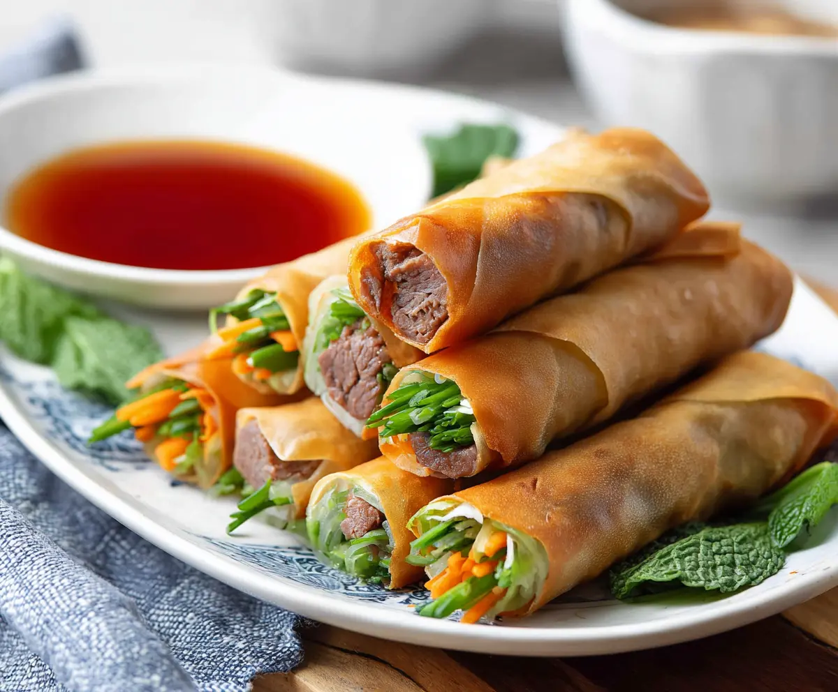 Fresh beef spring rolls with crispy vegetables and herbs, served with dipping sauce.