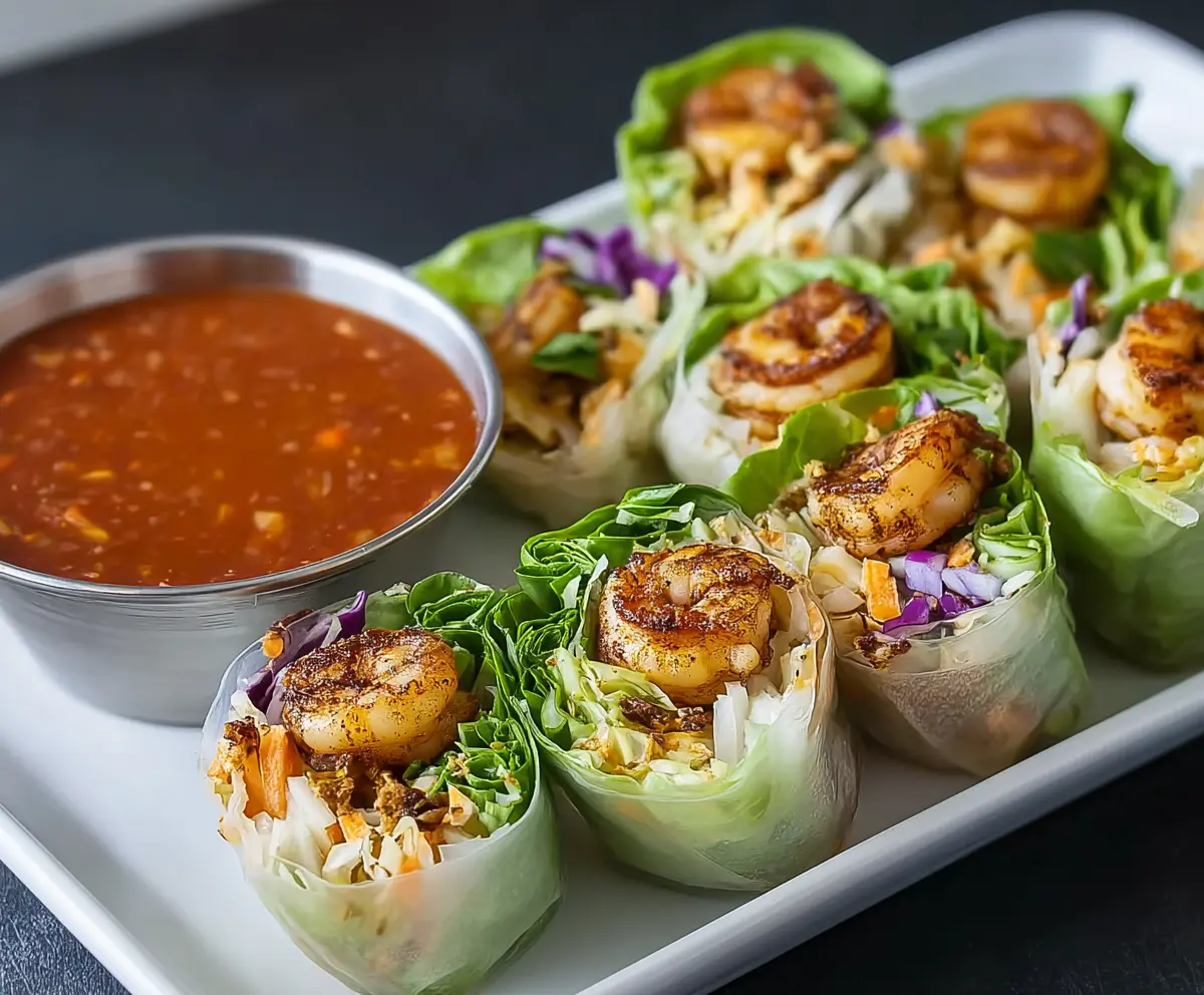 Delicious blackened shrimp spring rolls filled with fresh vegetables on a white plate.