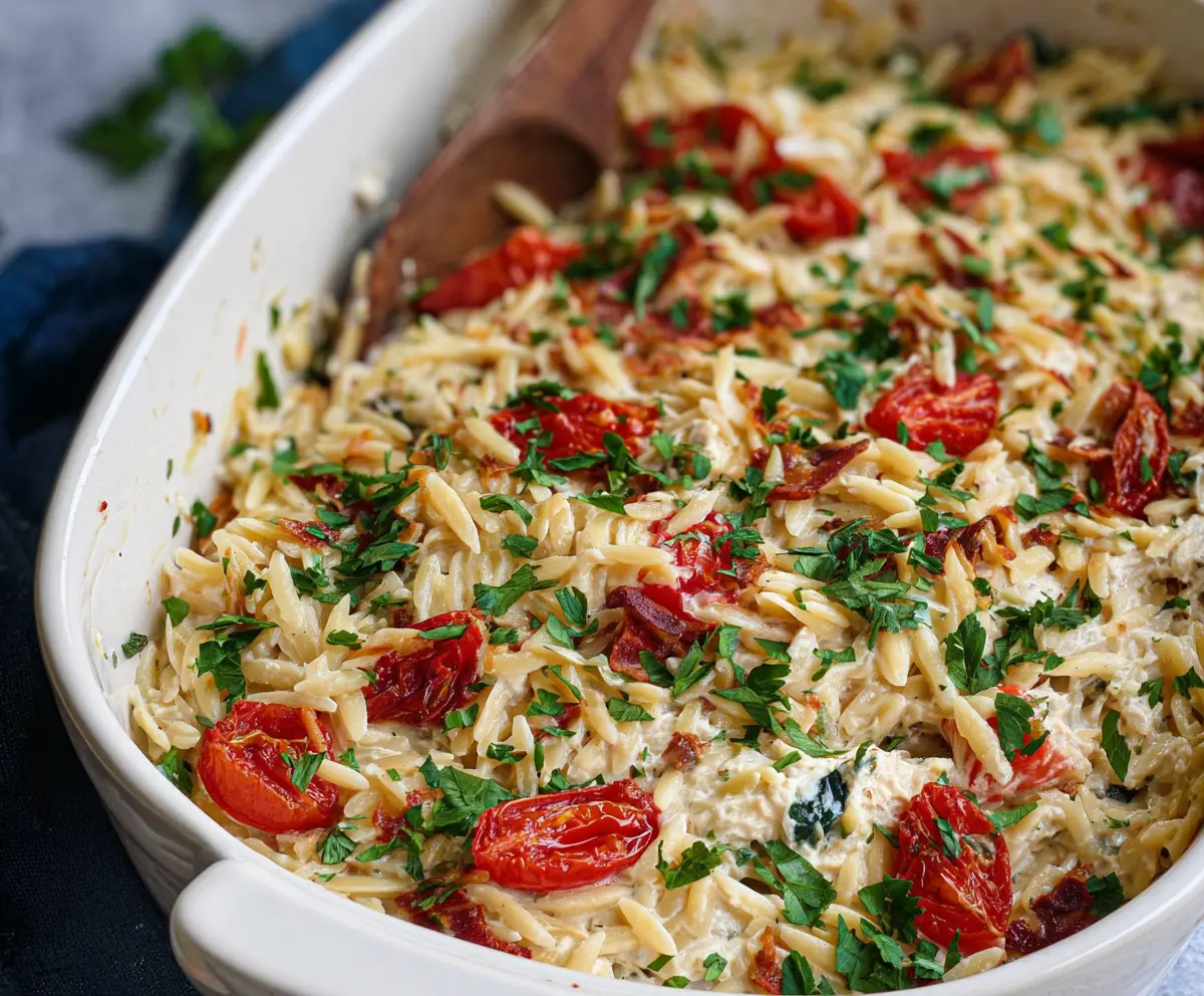 Delicious Boursin Orzo Bake served in a baking dish with melted cheese and herbs.