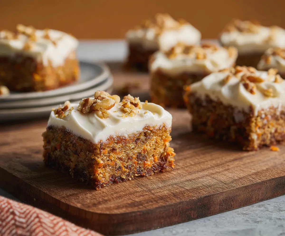 Delicious carrot cake bars topped with creamy cream cheese frosting on a white plate.