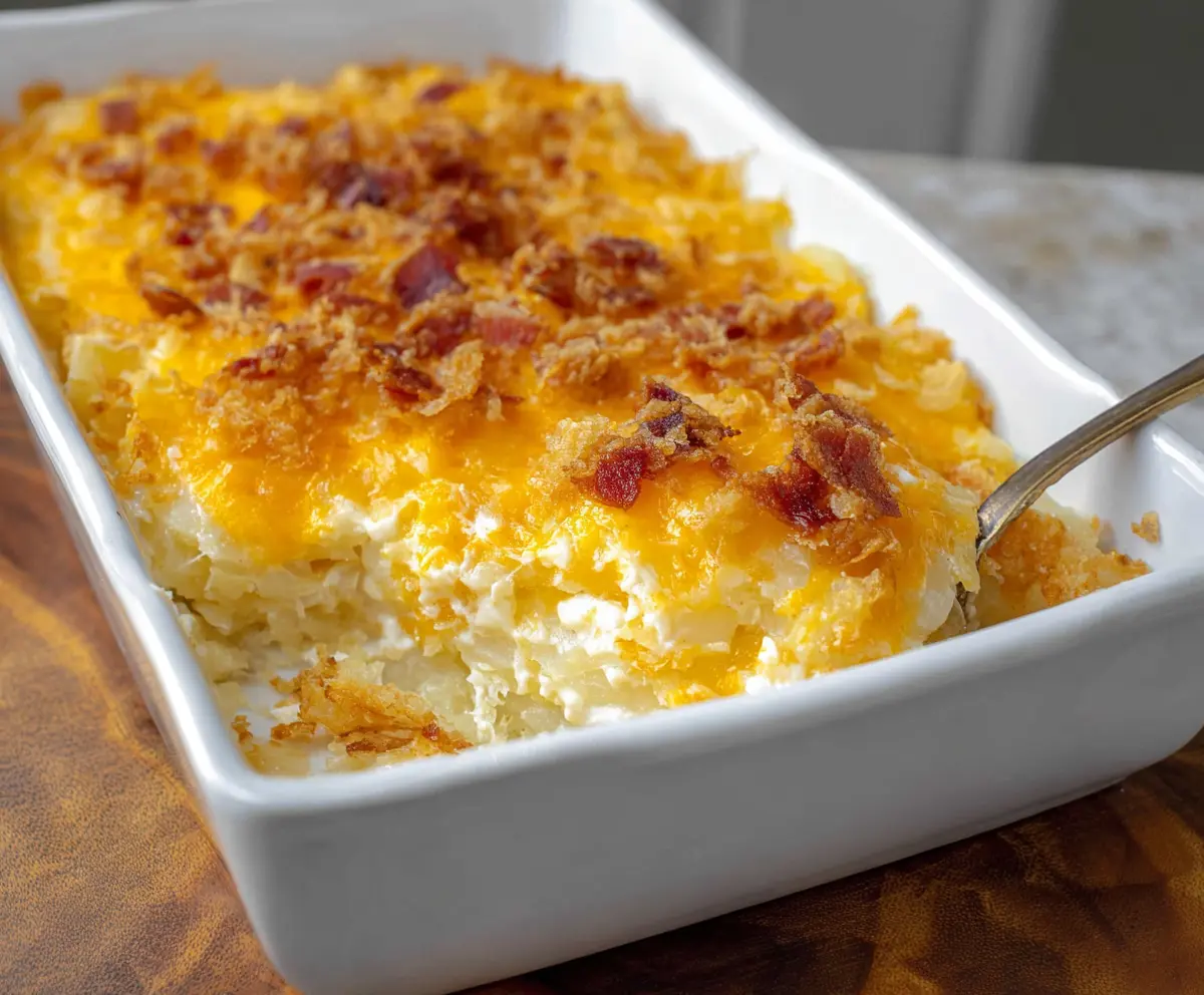 Delicious cheesy baked potato casserole topped with melted cheese and fresh herbs, served hot.